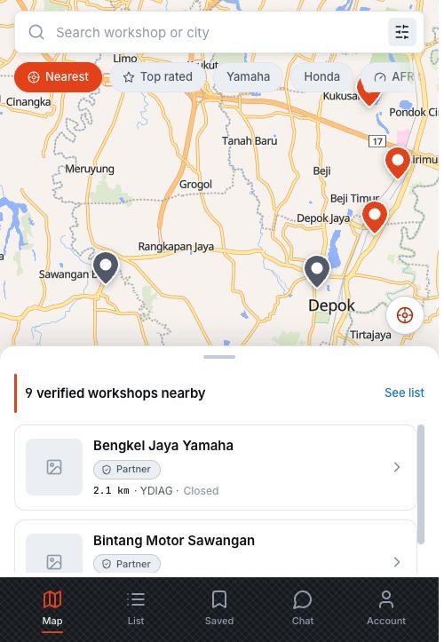 The BikeStudio map showing verified workshops around Depok, Indonesia