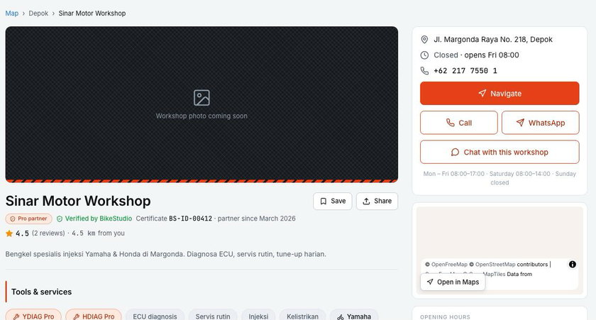 A BikeStudio workshop profile: Pro partner badge, certificate number, tools and actions